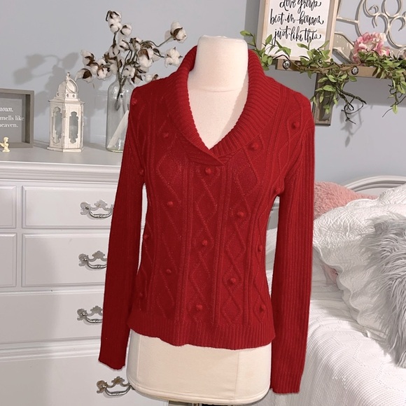 Evan Picone Red Acrylic Pom Pom Sweater Cable Knit Women Small Christmas Holiday - Picture 2 of 11